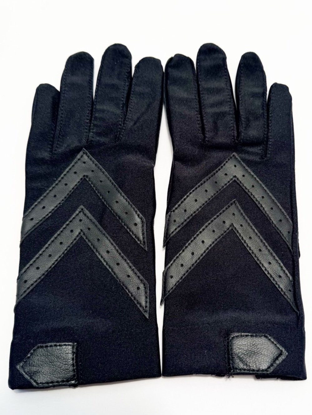 isotoner Black Women's Satin Gloves with Chevron Leather Trim